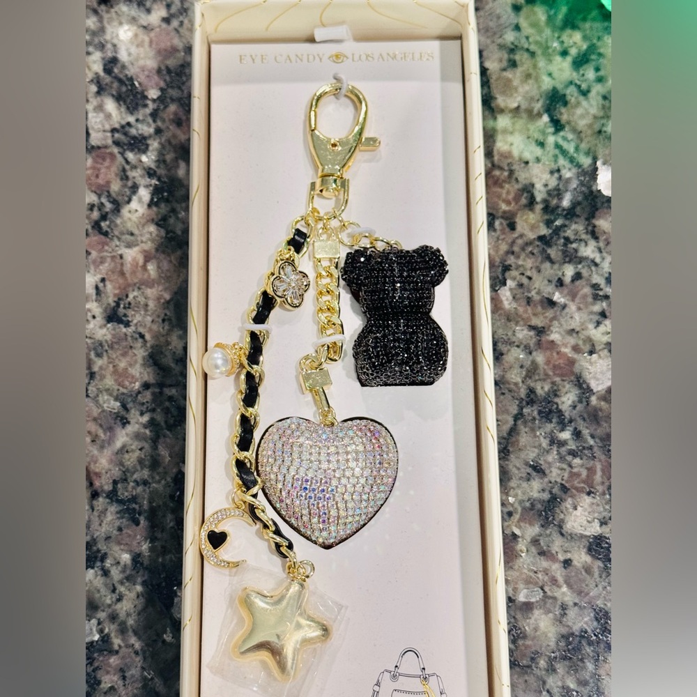 Eye Candy Sparkling Bear & Heart Bag Charm Keychain
